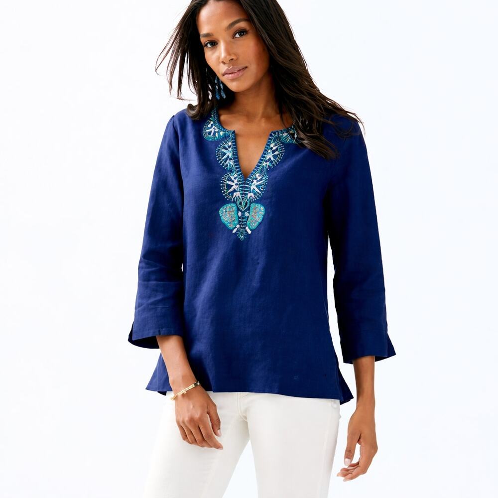 Lilly Pulitzer Amelia Island Beaded Tunic Navy Blue Sz Small Coastal